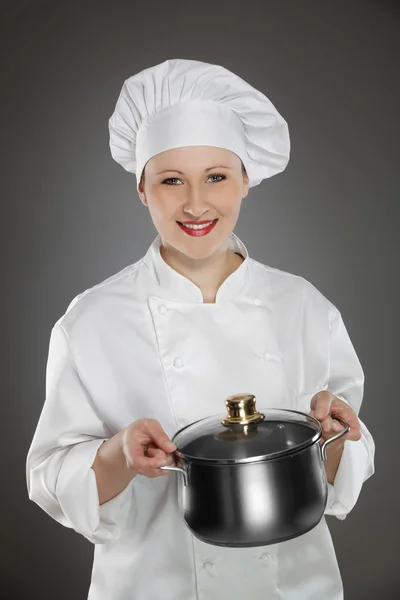 Jeune chef féminine avec pot — Photo