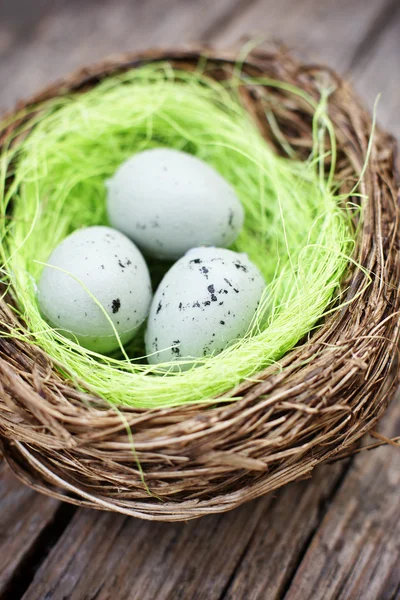 Três pequenos ovos no ninho de pássaros — Fotografia de Stock