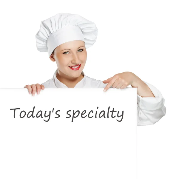 Jonge vrouwelijke chef-kok met kopie ruimte banner — Stockfoto