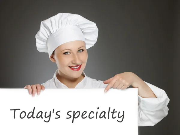 Joven chef femenina con pancarta de espacio de copia —  Fotos de Stock