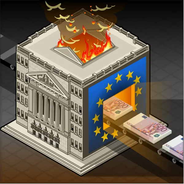Bolsa isométrica euro en llamas — Vector de stock