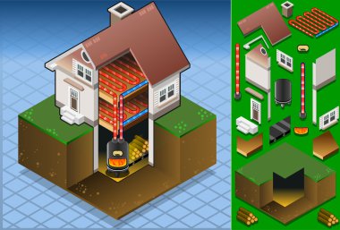 Isometric house with Wood fired boiler clipart