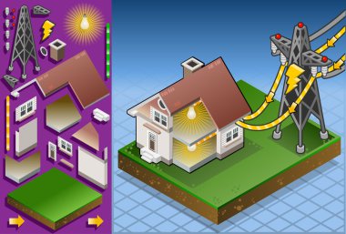 Isometric house powered by electrical tower clipart