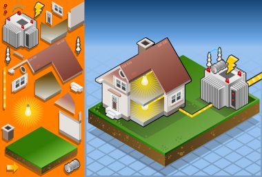 Isometric house powered by electrical transformer clipart