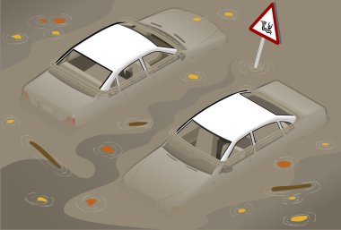 Isometric white car flooded in two position clipart