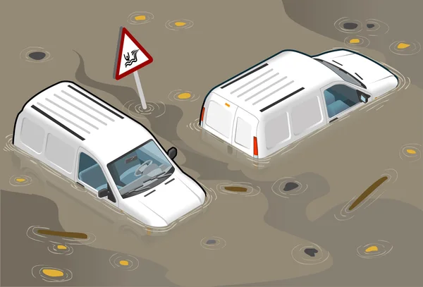 Isometrischer weißer Lieferwagen in zwei Positionen überflutet — Stockvektor