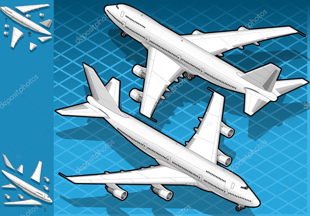Isometric white airplane in two position