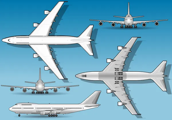 Weißes Flugzeug in fünf orthogonalen Positionen — Stockvektor