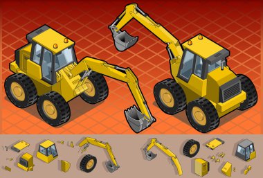 Isometric yellow excavator in two position clipart