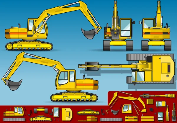 Excavadora amarilla en cinco posiciones ortogonales — Vector de stock