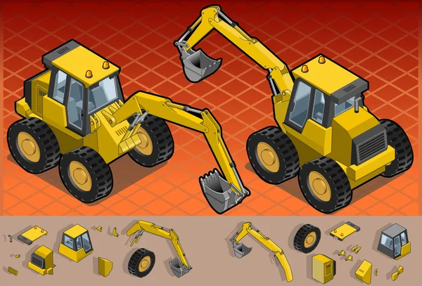 Escavadeira isométrica amarela em duas posições — Vetor de Stock
