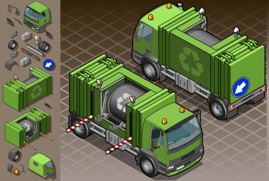 Isometric garbage truck in two position clipart