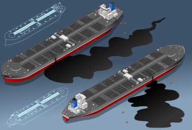 İki pozisyonda isometrik gemi tankeri sızdıran petrol