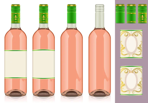 Cuatro botellas de vino rosa con etiqueta — Vector de stock