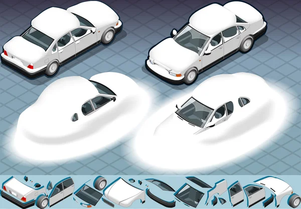 Vier isometrische schneebedeckte weiße Auto in zwei Positionen — Stockvektor