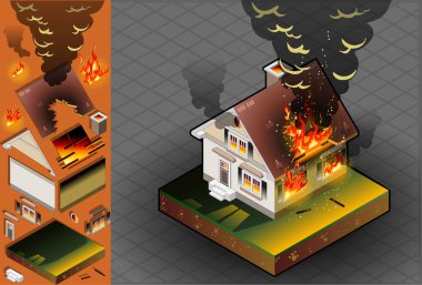 Isometric House on fire clipart