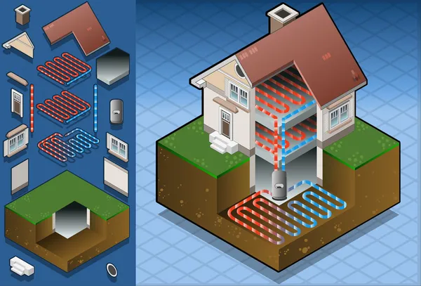 Pompa di calore geotermica / diagramma di riscaldamento a pavimento — Vettoriale Stock