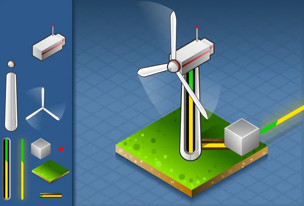 Produção isométrica e transporte de energia através de turbinas eólicas — Vetor de Stock