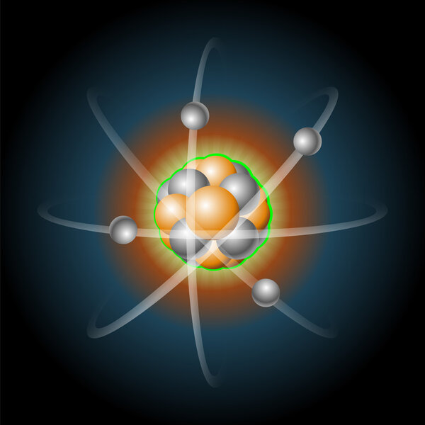 Atom with nucleus of protons and electrons that revolves around