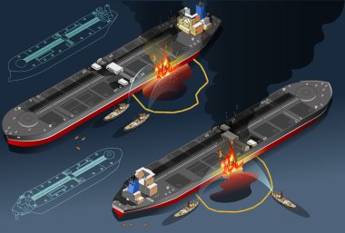 Isometric oil tanker fire disaster in two position clipart