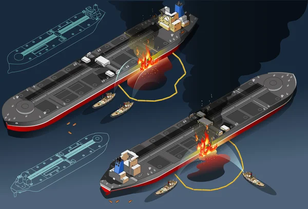 Požární katastrofa v tankeru izometrické nafty ve dvou pozicích — Stockový vektor