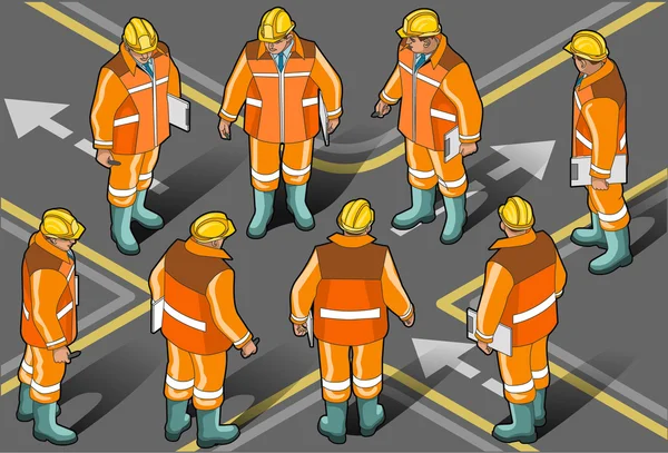 Isometrischer Vorarbeiter in acht Positionen — Stockvektor