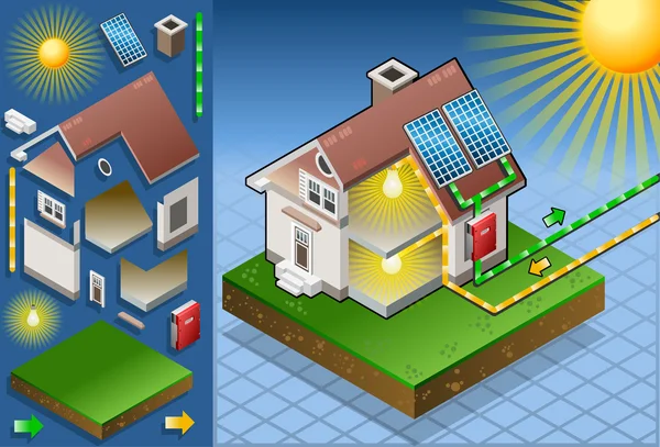 Casa isométrica con panel solar — Vector de stock