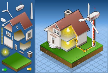 Isometric house with wind turbine clipart