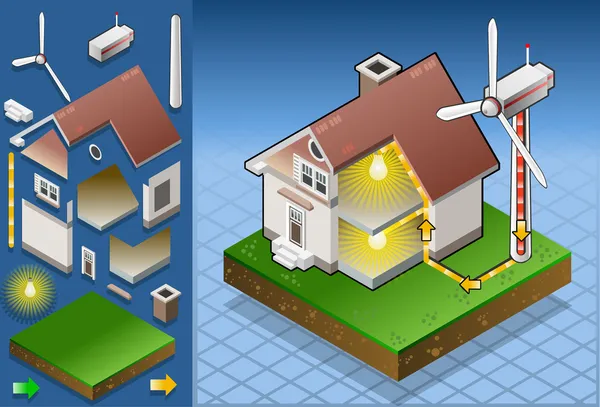 Isometrisk hus med vindkraftverk — Stock vektor