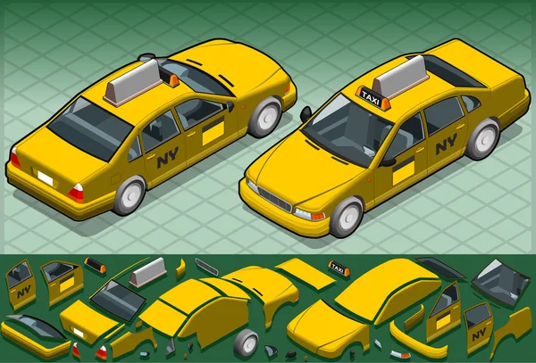 Isometric yellow taxi in two position — Stock Vector