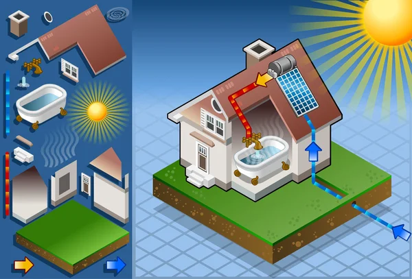 Isometrische Sonnenkollektoren bei der Produktion von Warmwasser — Stockvektor