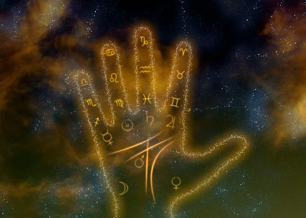 Светящаяся ладонь с астрологическими символами на космическом фоне — стоковое фото