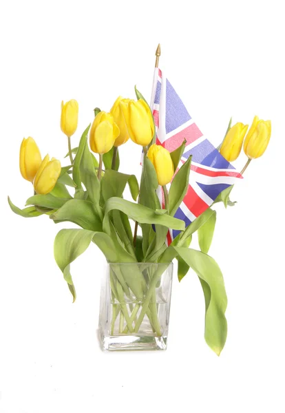 Tulipes jaunes avec drapeau Jack Union britannique — Photo
