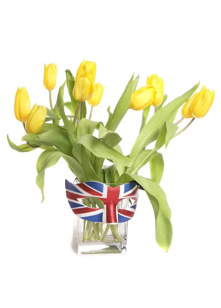 Żółte tulipany z britsh union jack maska — Zdjęcie stockowe