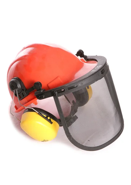Laranja trabalhadores capacete e protetores auriculares recorte — Fotografia de Stock
