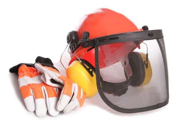 Orange workers helmet gloves and ear protectors — Stock Photo, Image