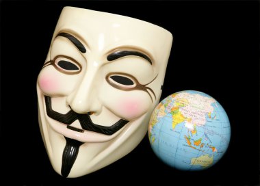 Guy fawkes mask with world globe clipart
