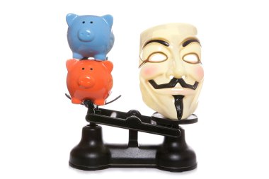 Guy fawkes mask with two piggy banks clipart