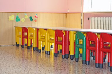 Chairs and tables in a dining hall for a kindergarten clipart
