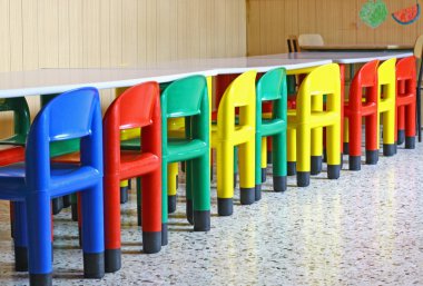 Chairs and tables in a dining hall for a kindergarten clipart