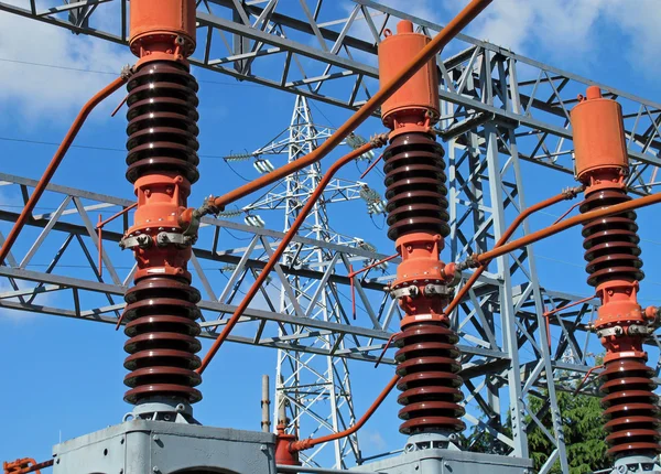 stock image Powerhouse with lattice girders, switches, disconnectors, bars of copper