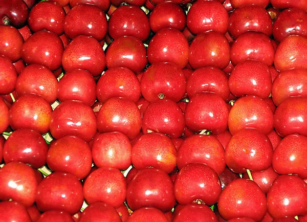 Caixa de cerejas vermelhas à venda no mercado biológico — Fotografia de Stock