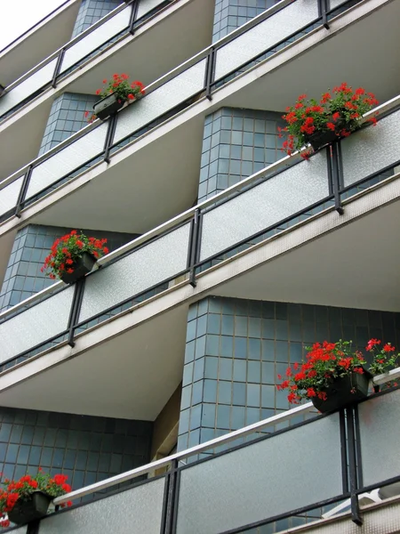 Цветущие балконы с горшками герань — стоковое фото