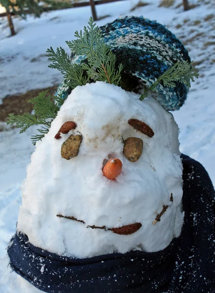Sněhulák postaven pro hru dětí v zimě v horách — Stock fotografie