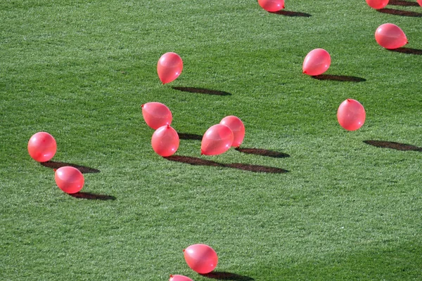 Pembe balon stadyum çim üzerinde uçan — Stok fotoğraf