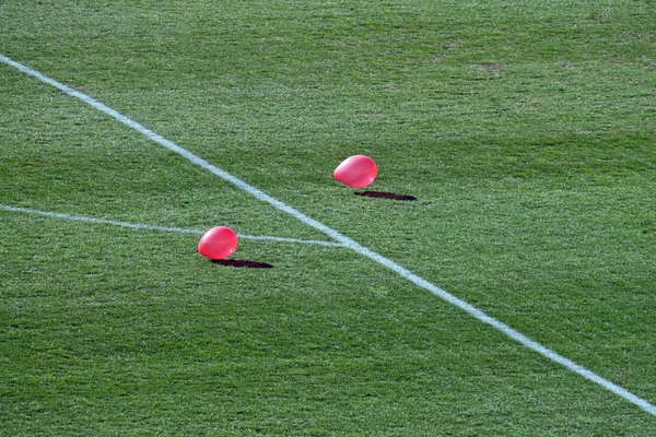 Balões cor-de-rosa voando sobre a grama do estádio — Fotografia de Stock