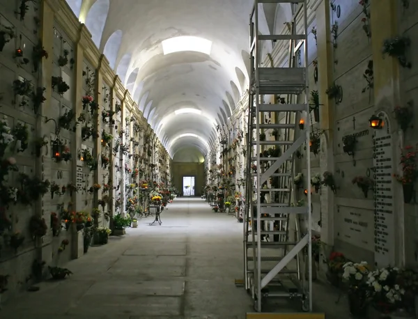 Могили надгробки та розп'яття в приміщенні кладовища — стокове фото