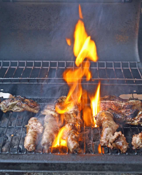 Bir barbekü ızgara domuz ve sığır eti pişirilir — Stok fotoğraf