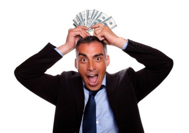 Victorious mature person with cash money clipart