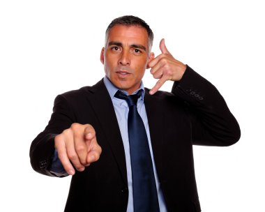 Hispanic senior broker pointing clipart